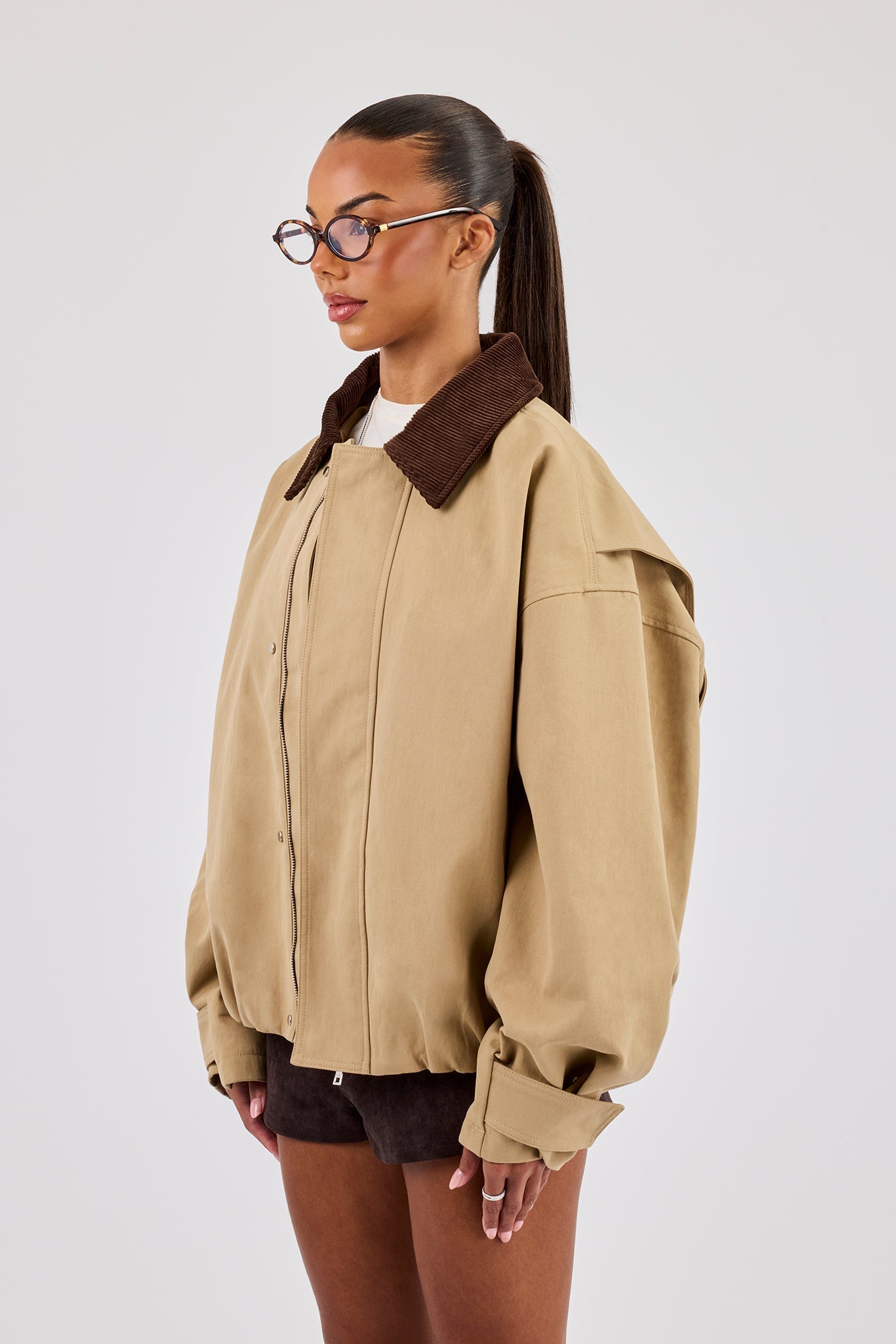 Oversized Twill Harrington Jacket - Beige
